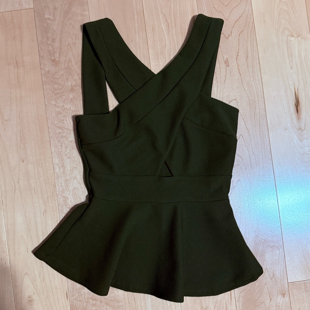 Criss cross olive green peplum shirt.